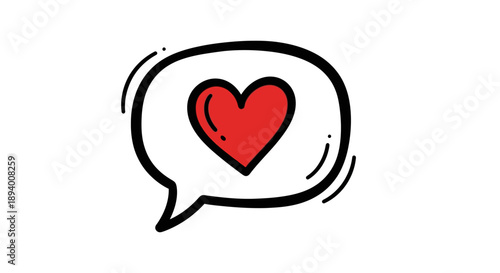 A hand drawn speech bubble contains a vibrant red heart, symbolizing love and communication.