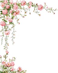 Watercolor illustration of pink climbing roses forming a corner border