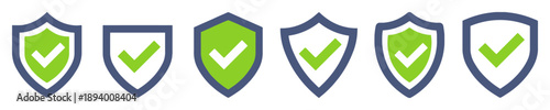 Set of shield icons with checkmark symbol for security and protection services representing verified and safe digital or physical assets with green tick badge