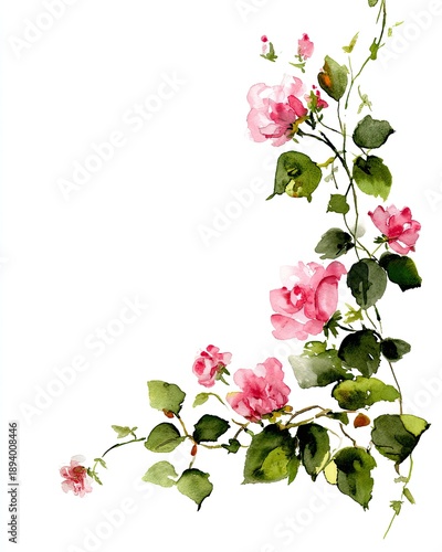 Watercolor rendering of pink roses and green leaves on a vine, arranged in a floral design