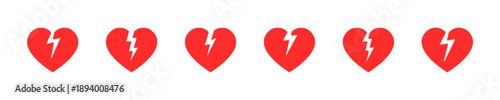 Set of six broken heart icons with lightning bolt symbol, representing heartbreak, sadness, emotional pain, and love, colored red, graphic design elements.