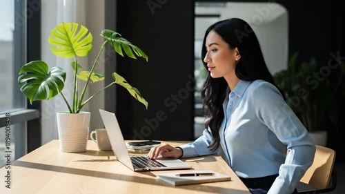 Working Woman Typing on Laptop in Bright Modern Office