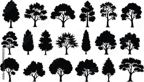 Collection of Black Tree Silhouettes Isolated on White