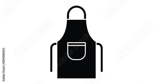 A simple black and white graphic depicts an apron with straps and a front pocket presented as a silhouette