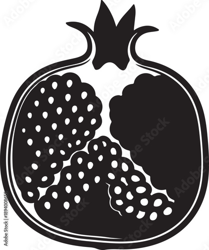 Monochromatic illustration of a ripe pomegranate fruit, cut in half, revealing its juicy arils and seeds