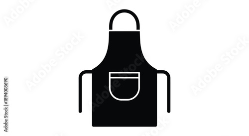 A stark black silhouette depicts a classic kitchen apron with a front pocket creating a simple design silhouette high quality