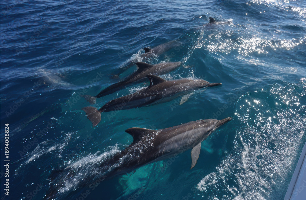 Naklejka premium Group of dolphins swimming gracefully in clear blue ocean water, showcasing their playful nature and agility, creating ripples in the surface, embodying marine life beauty
