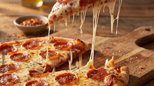 A slice of pepperoni pizza being lifted from a wooden board with melted cheese stretching from the pie