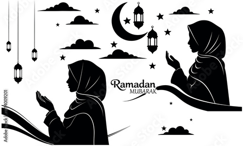 Ramadan mubarak a muslim couple praying together during holy month of ramadan kareem with crescent moon and lanterns