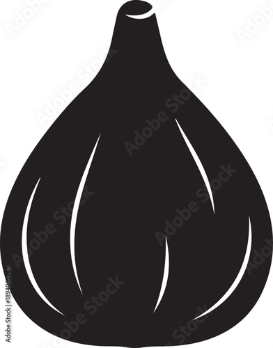 Simple black graphic of a fig fruit with vertical lines indicating texture