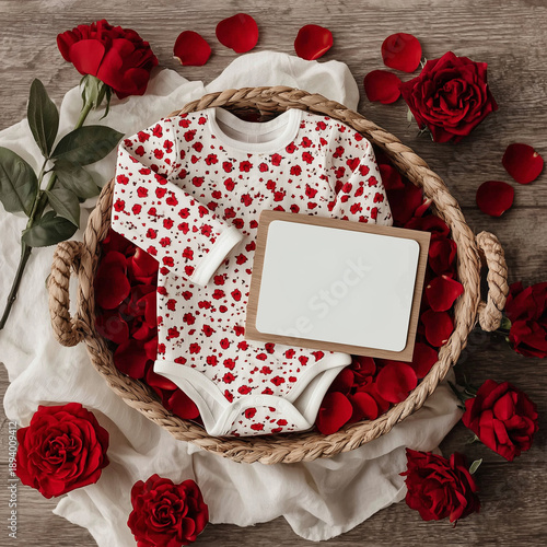 Floral Baby Bodysuit with Red Roses and Blank Sign
