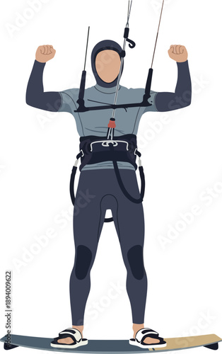 Kitesurfing Athlete in Wetsuit and Harness Standing on Board Ready for Extreme Water Sport Adventure trophy