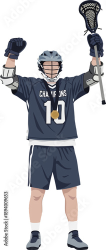 Vector Illustration of a Lacrosse Player Celebrating Victory with Arms Raised and Medal trophy