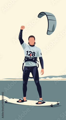 Triumphant Kiteboarder Celebrates Victory with Raised Fist on Board Ready for Action trophy