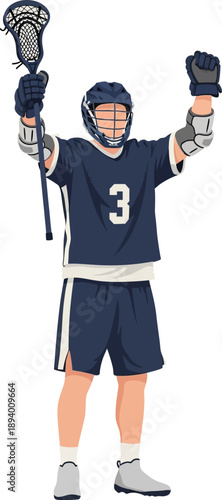 Celebration of Victory Lacrosse Player in Uniform with Stick Raised High trophy