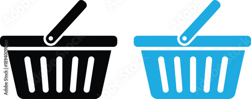 Shopping Basket Icon Set in Black and Blue Color with Retail Cart and Online Purchase Concept Isolated on White Background