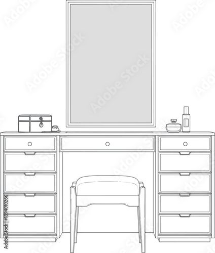 A minimalist illustration of a dressing table, focusing on design and simplicity.