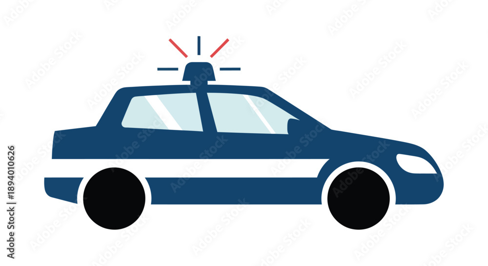 Fototapeta premium Simplified illustration of a dark blue police car with a flashing red lightbar