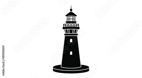 A striking black lighthouse stands prominently against a white background showcasing a classic architectural style silhouette high quality professional detailed