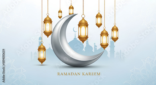 Ramadan Kareem Greeting Design with Glowing Lantern and Crescent Moon