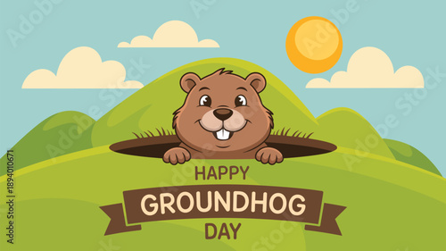 happy groundhog day illustration with cute groundhog peeking from burrow sunny landscape and spring celebration design