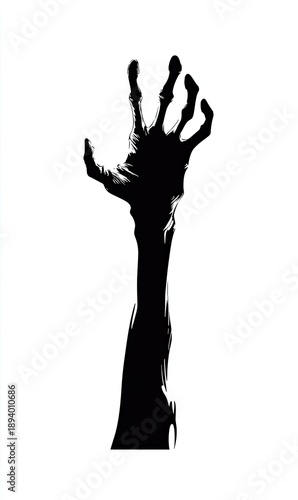 Silhouette of a skeletal, reaching hand against a white background, fingers splayed