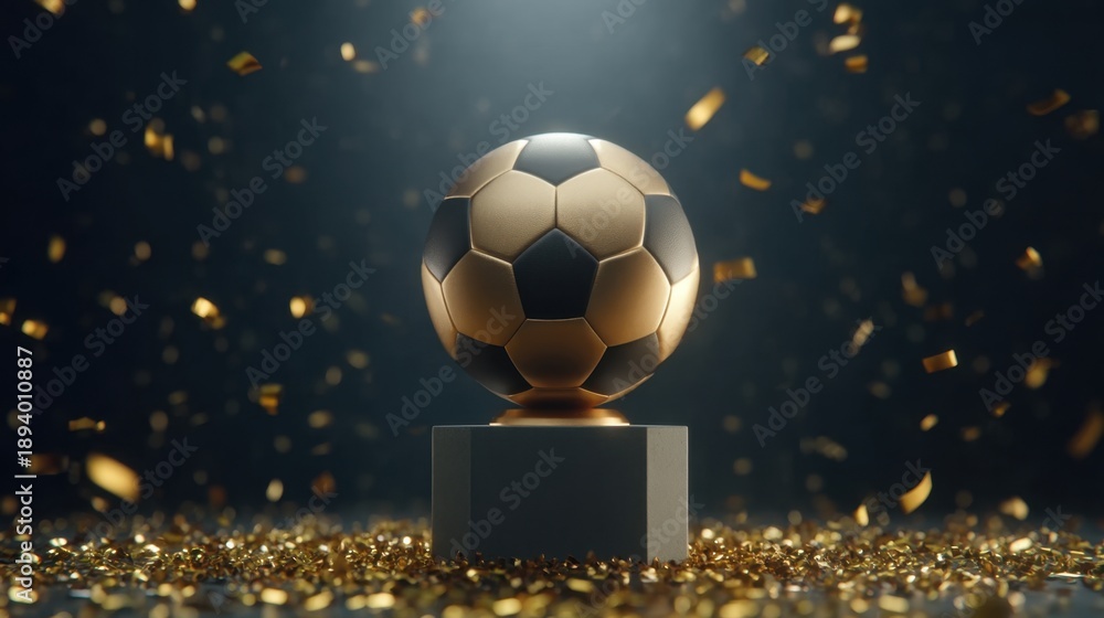 Fototapeta premium Golden Football Trophy on Podium Displayed with Sparkling Confetti Falling in a Celebratory Atmosphere