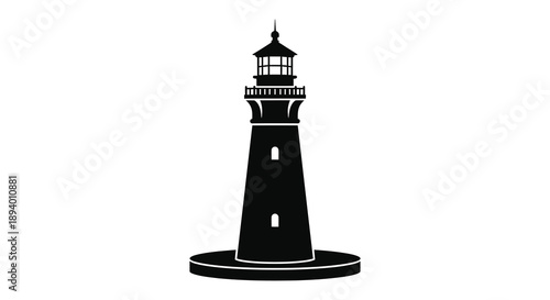 A striking black lighthouse stands prominently against a white background showcasing its architectural details as a bold silhouette high quality