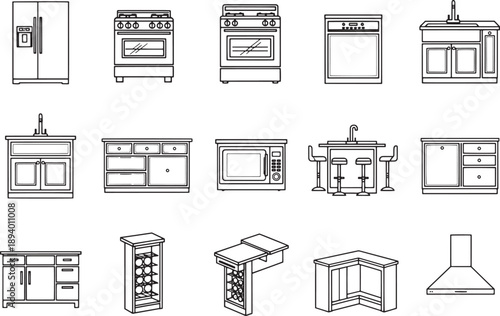 A collection of essential kitchen appliances and furnishings are showcased in a minimalist line art style, illustrating key elements for interior design and home improvement.