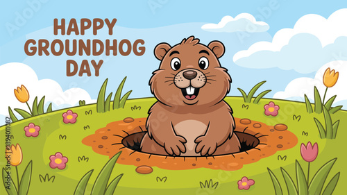 happy groundhog day greeting card with cute cartoon groundhog standing in spring meadow with flowers and burrow illustration