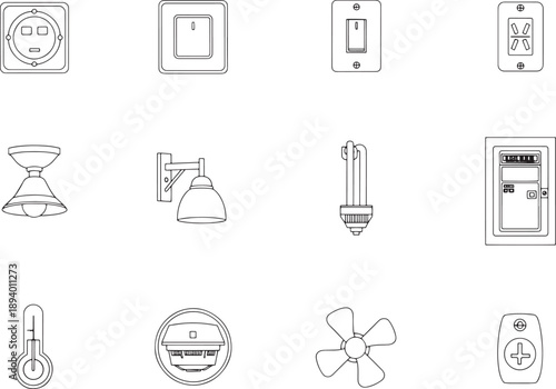 Diverse household electrical components, from outlets to lights, form a visually compelling collection, rendered in sharp, clean lines against a neutral backdrop.