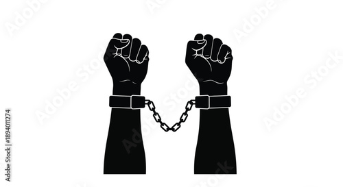 Silhouetted hands raised with handcuffs symbolizing restriction and struggle high quality