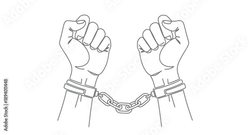 Two clenched fists are shown restrained by a pair of metal handcuffs