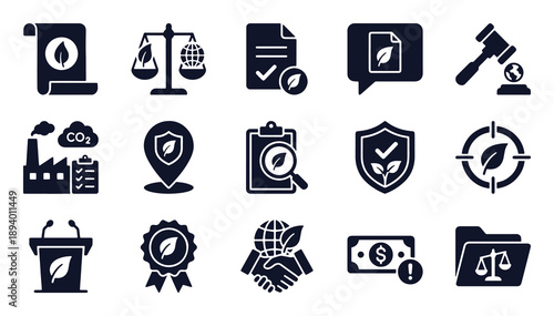 Environmental law and policy icon set. Glyph black silhouettes - emission regulation, eco legislation, public hearing, international treaty, legal compliance. Flat vector pictograms