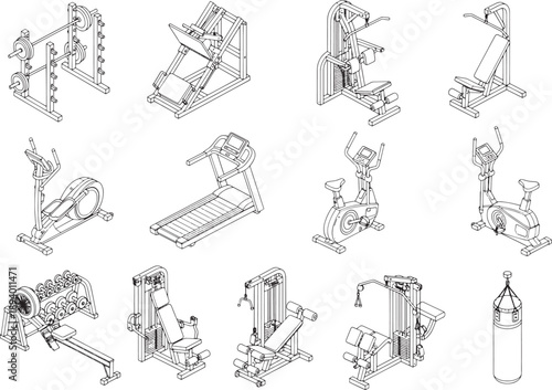 A comprehensive set of detailed line drawings showcases various essential exercise machines. Ideal for gym and fitness-related visuals.