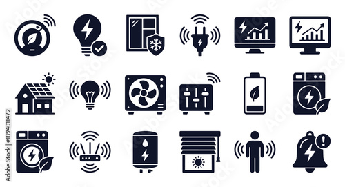Energy efficiency and smart home icon set. Glyph black silhouettes - smart thermostat, eco appliance, solar roof, occupancy sensor, insulated window. Flat vector pictograms