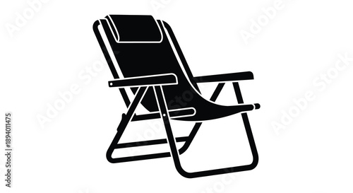 A simple black graphic depicts a folded beach chair showcasing its form and providing a relaxing aesthetic silhouette high quality