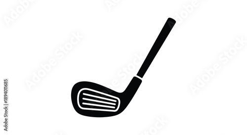 A stark black silhouette displays a classic golf club specifically an iron against a plain white background silhouette high quality