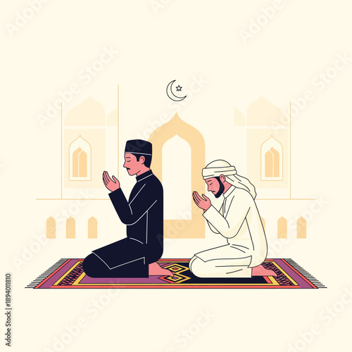 Two Muslim men in traditional black and white attire kneeling on a prayer rug with hands raised in supplication.