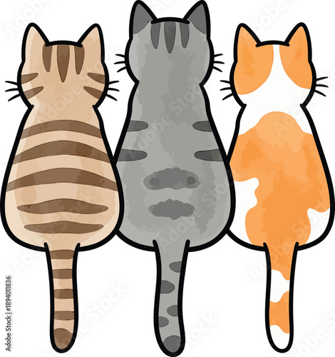 Trio of stylized cats viewed from behind featuring brown tabby grey tabby and orange calico patterns.