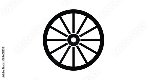 A stark black silhouette depicts a classic wooden wagon wheel against a bright white background embodying rustic simplicity silhouette