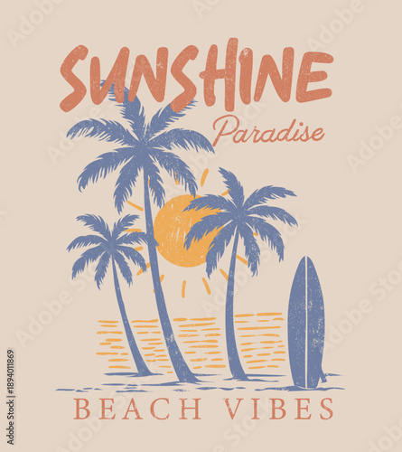Hand drawn Sunshine plam Paradise Island. Coconut Tree artwork. palm tree beech vector. Tropical Vacation. retro prints. summer beach prints. girls summer graphics. t shirt design. sunset sunrise 