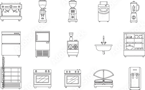 Assortment of cafe and restaurant equipment with minimalist outlines, encompassing a diverse array of essential tools for culinary excellence. 