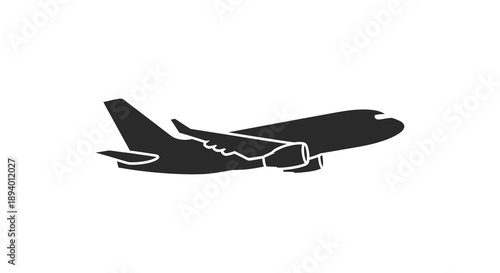 A stark black silhouette of a commercial passenger airplane in flight against a plain white background silhouette high quality professional
