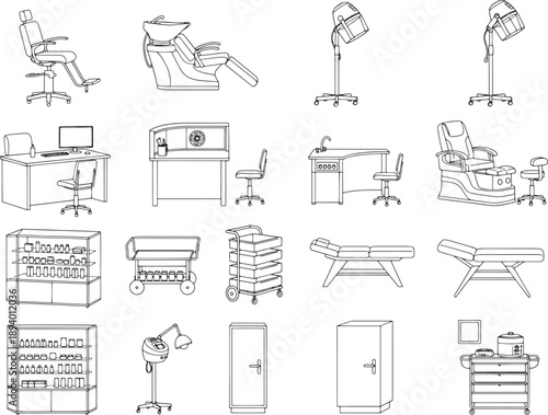 A comprehensive collection of salon interior line art, featuring essential furniture and equipment meticulously drawn in a clean, modern style.