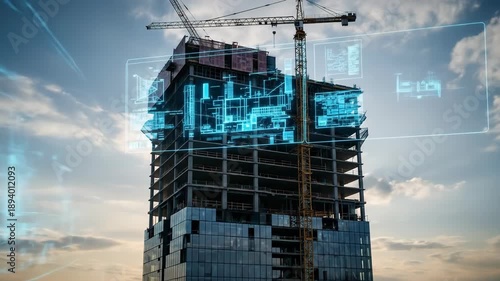 building under construction with digital blueprint overlays