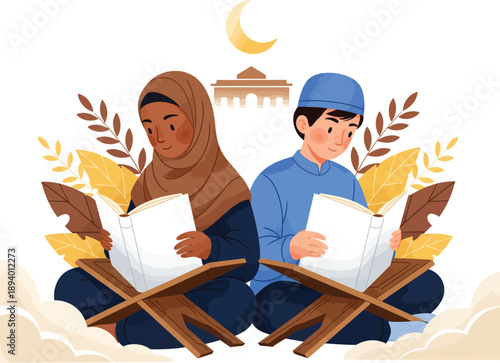 Young Muslim boy and girl in traditional attire devoutly reading the holy Quran from wooden rehal stands.