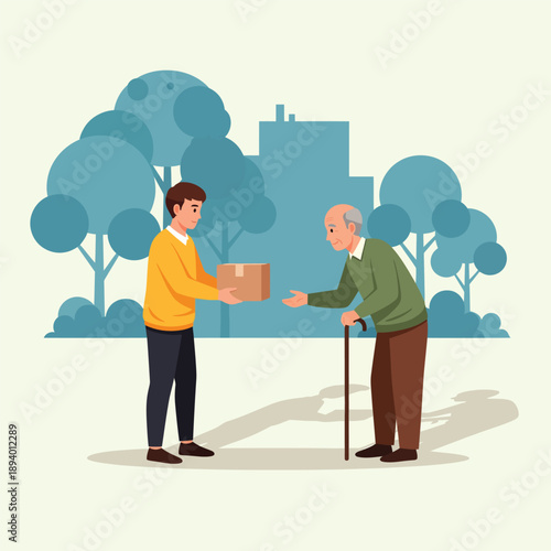 Young volunteer in a yellow sweater giving a package to an elderly man with a cane.