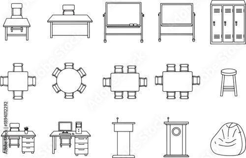 A collection of various interior design elements and furniture essentials in a simple line art.