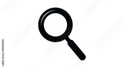 A stark black magnifying glass is prominently displayed against a bright white background presented as a silhouette high quality professional